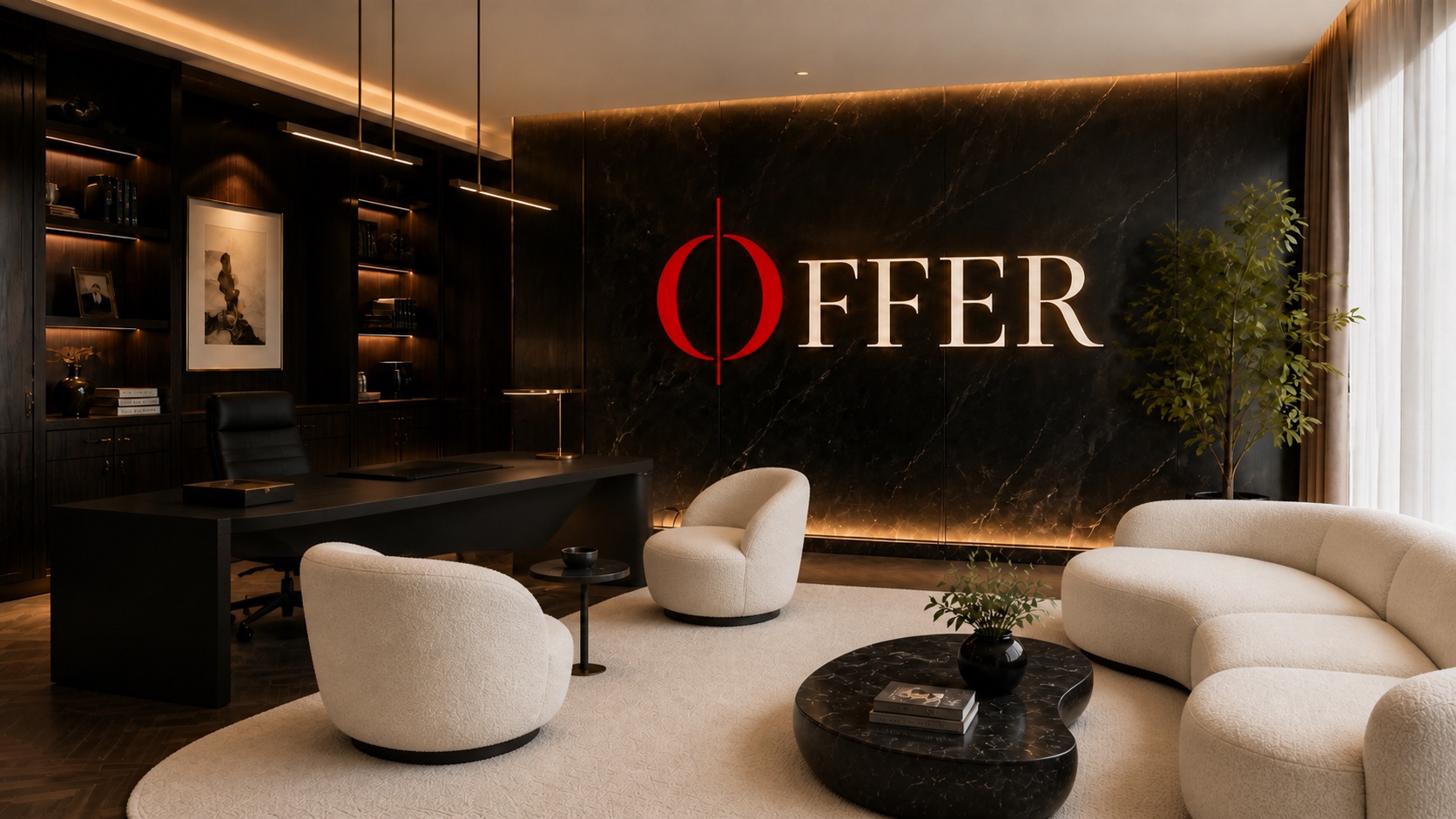 Bureau OFFER, mur de marbre noir et logo