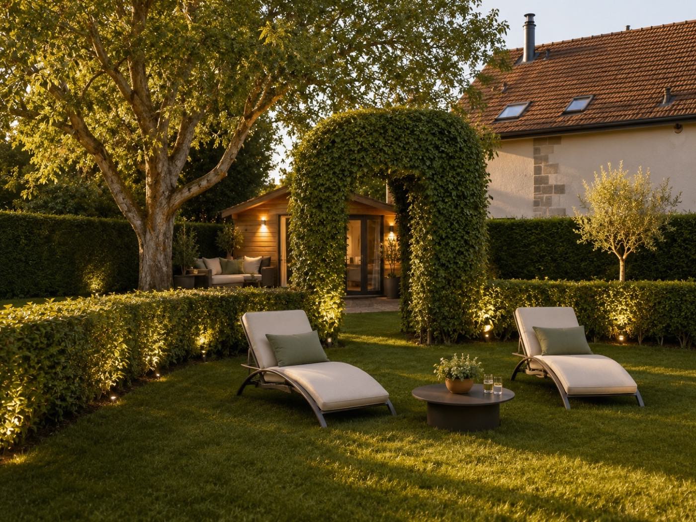 Jardin paysager éclairé au crépuscule, région genevoise