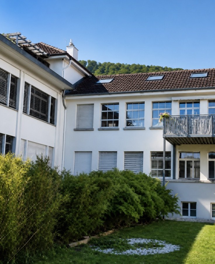 Façade arrière d’un immeuble locatif et son jardin, Bienne
