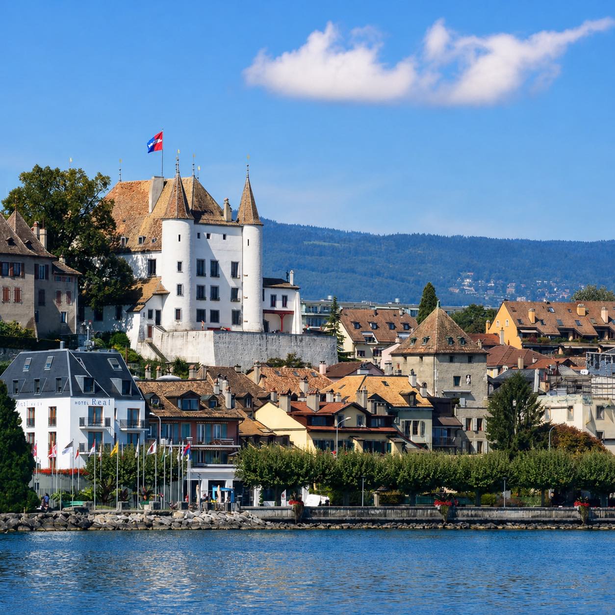 Le château de Nyon et les toits de la vieille ville depuis le lac