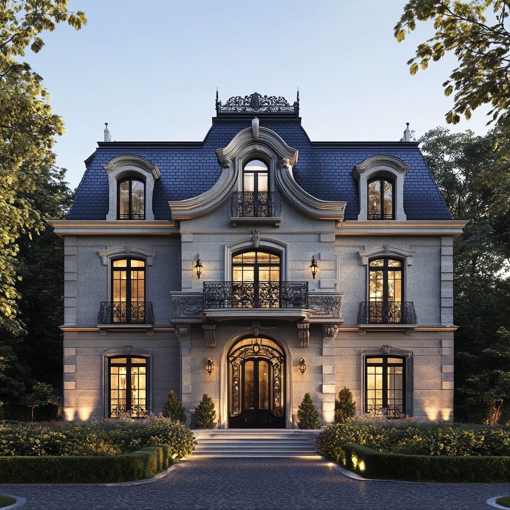 Façade d’une maison de maître éclairée à la tombée du jour