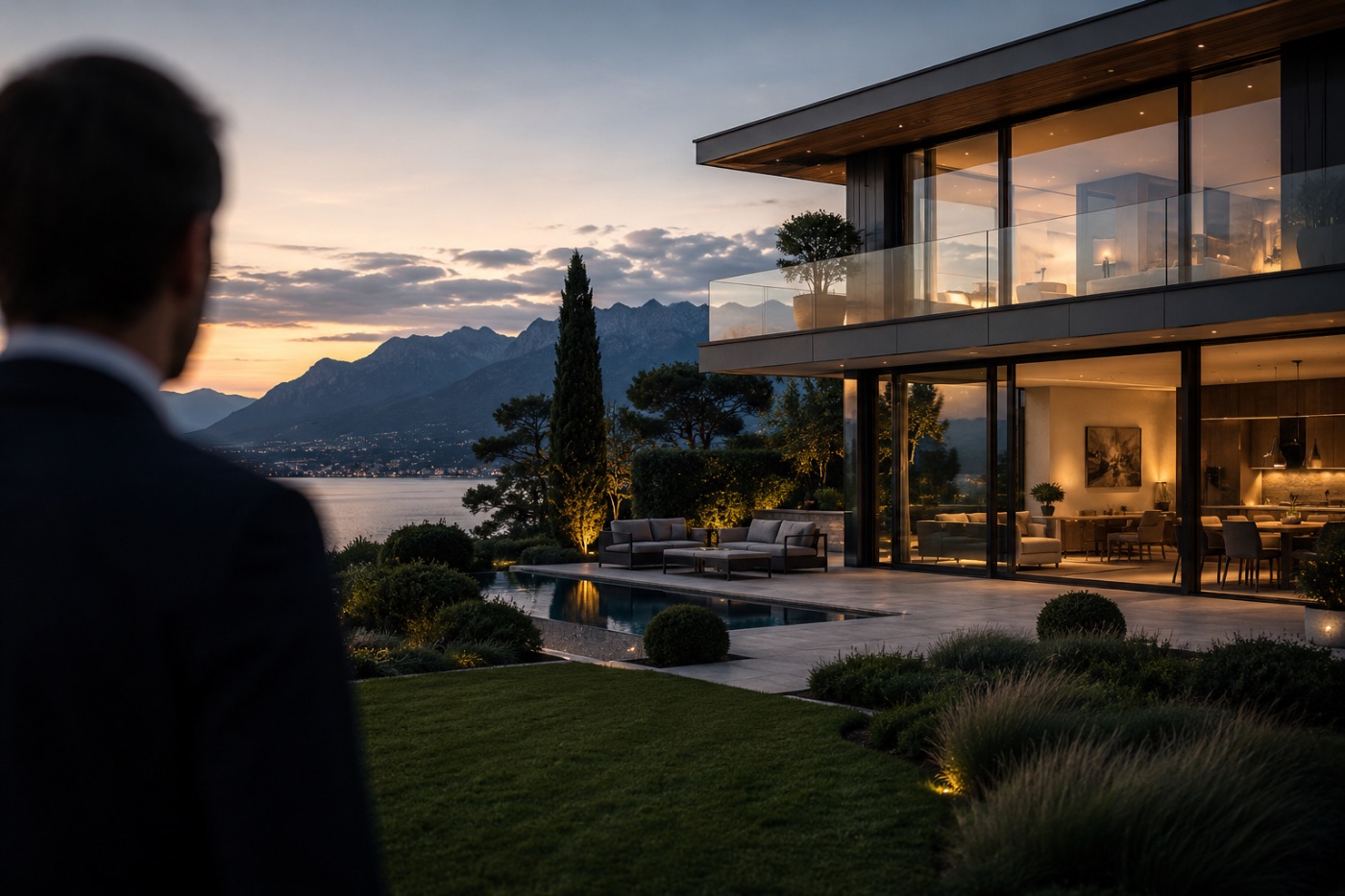 Propriété de prestige au bord du lac au crépuscule