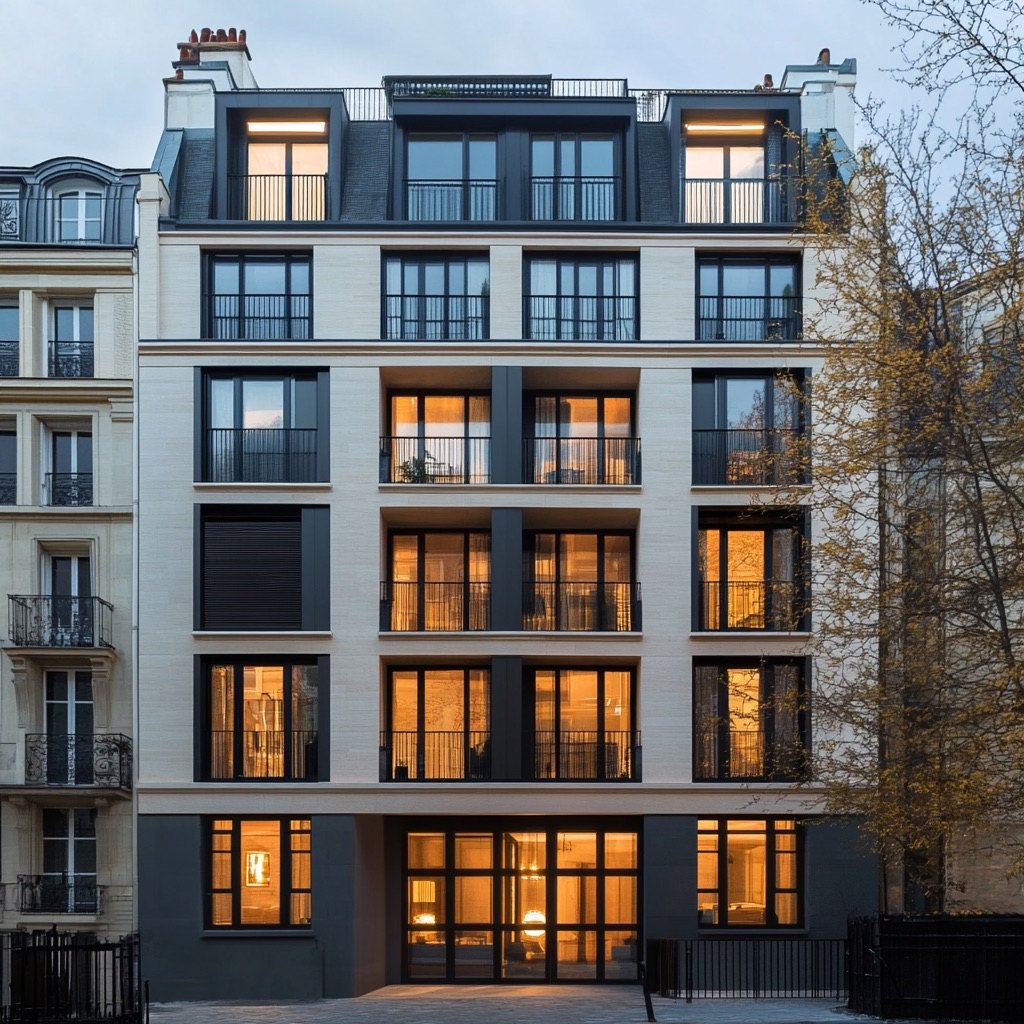 Façade d’un immeuble résidentiel contemporain en ville, à la tombée du jour
