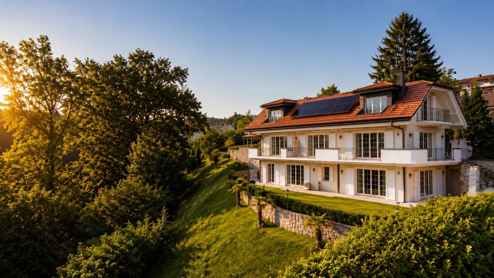 Villa au coucher du soleil, vue jardin