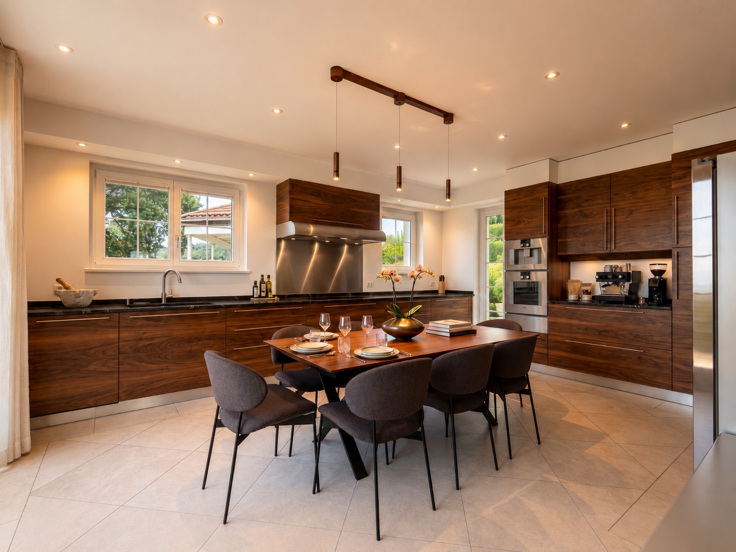 Cuisine ouverte en noyer, table dressée