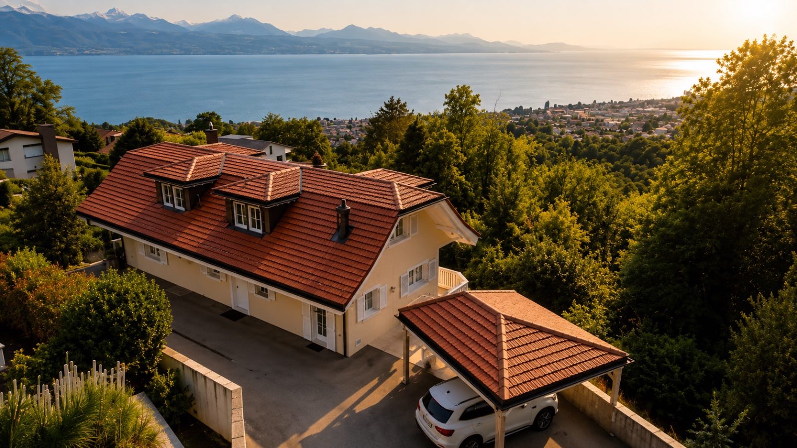 Vue aérienne de la villa et du lac Léman
