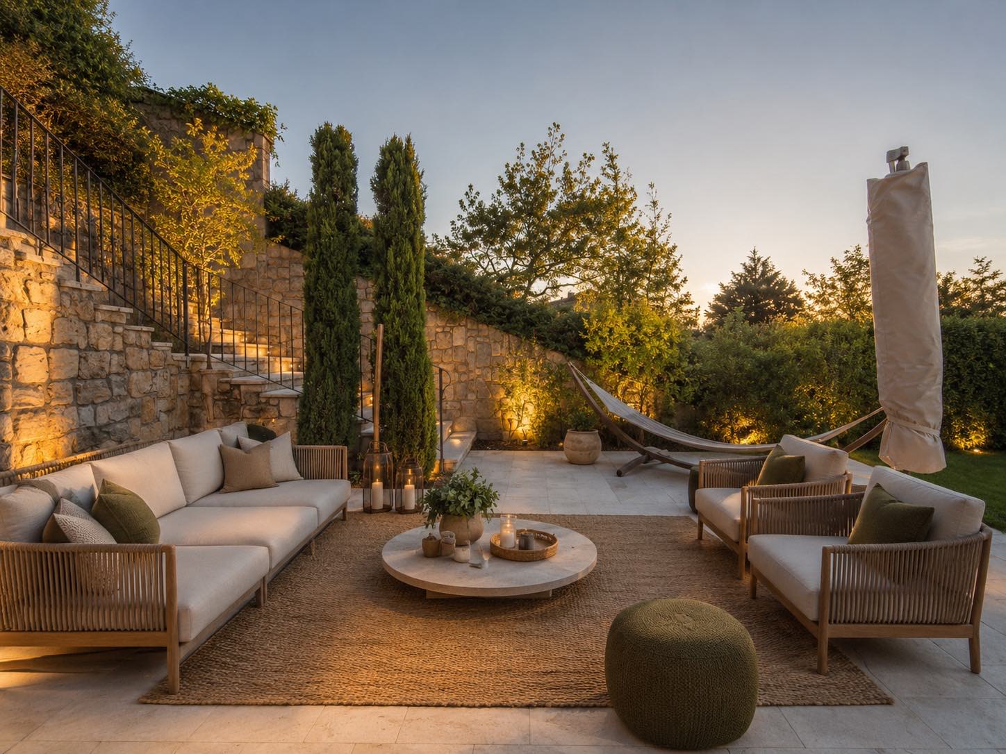 Terrasse au crépuscule, murs en pierre