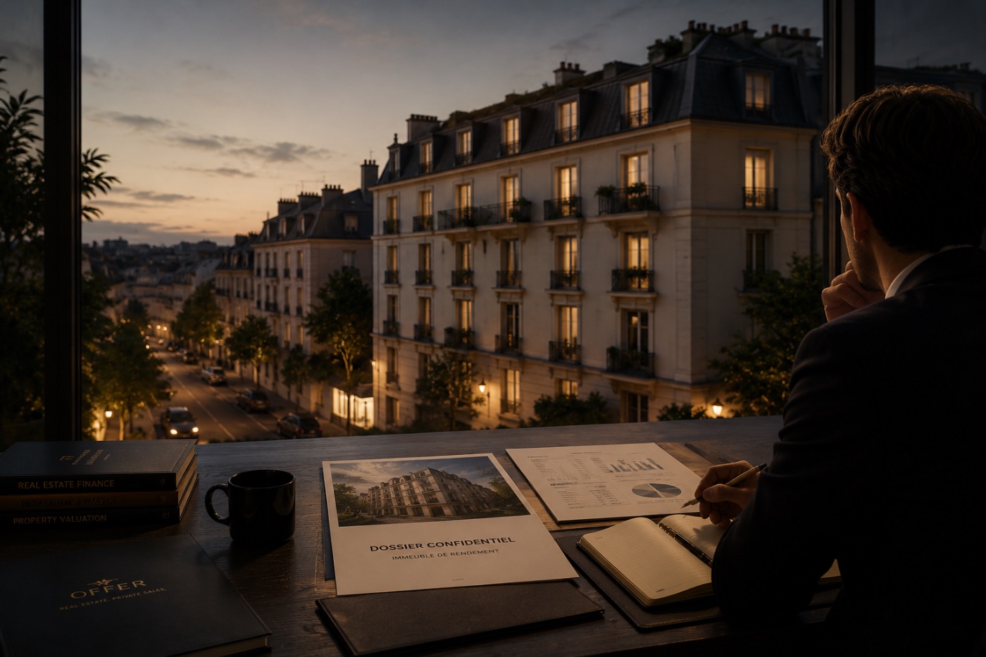 Analyse confidentielle d'un immeuble de rendement au crépuscule
